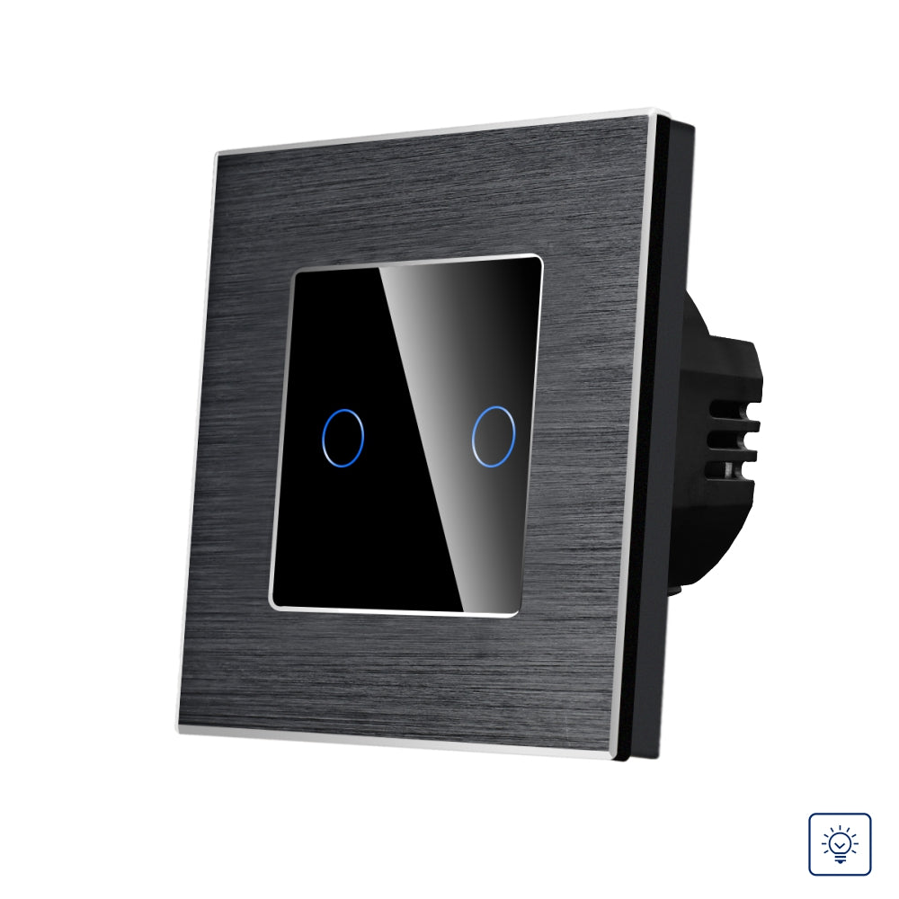 Intrerupator Negru Dublu cu Variator si Touch din Sticla si Rama de Aluminiu