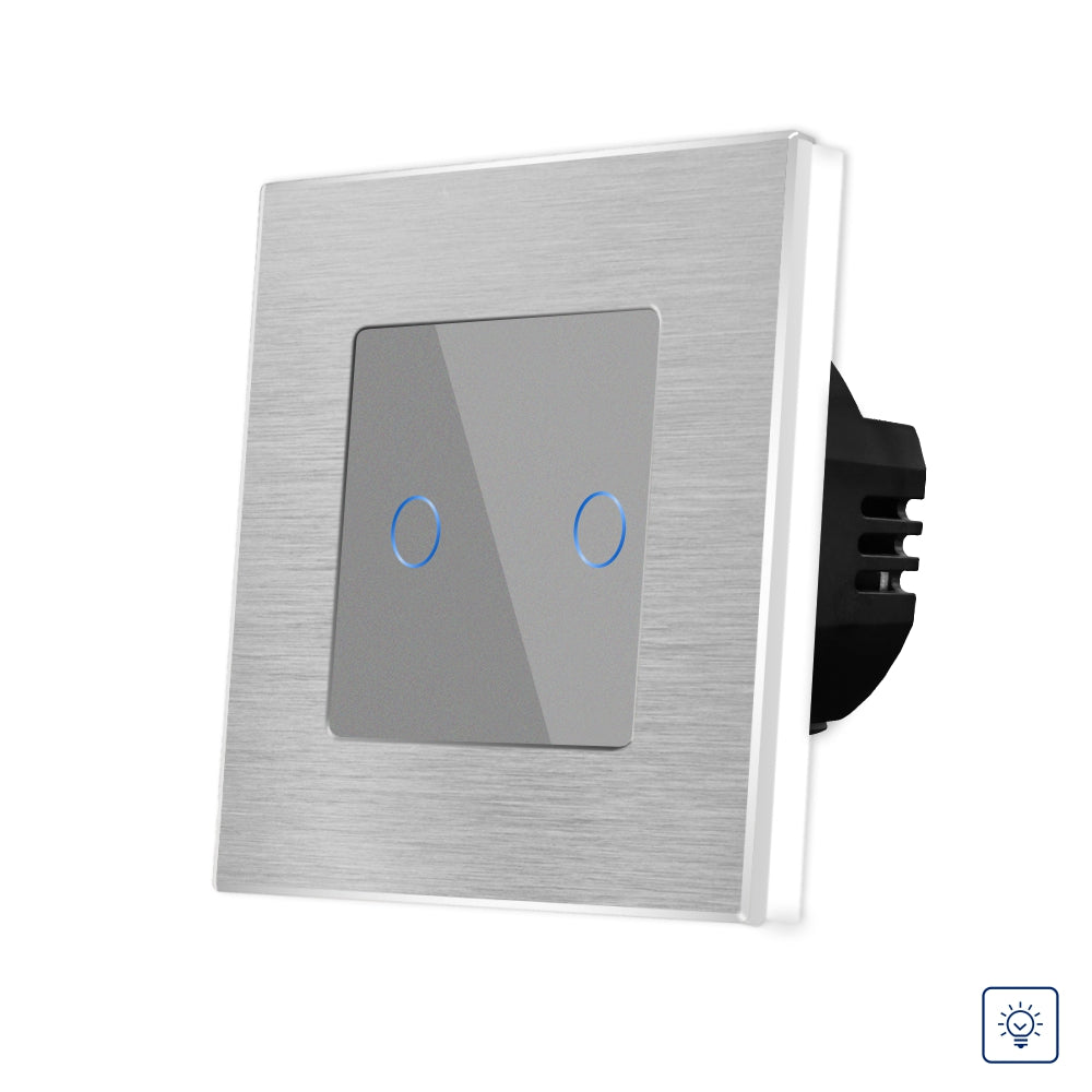 Intrerupator Gri Dublu cu Variator si Touch din Sticla si Rama de Aluminiu