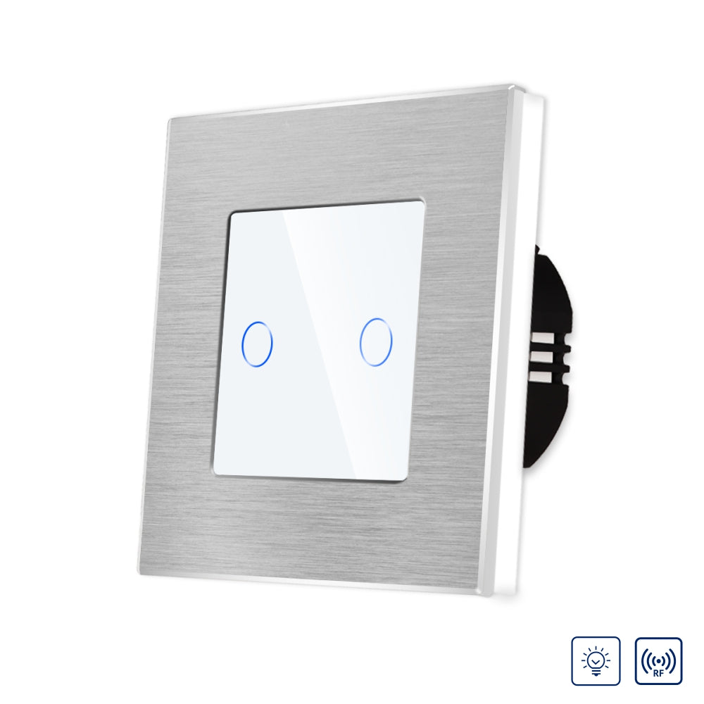 Intrerupator Alb Dublu cu Variator si Touch din Sticla si Rama de Aluminiu, RF433