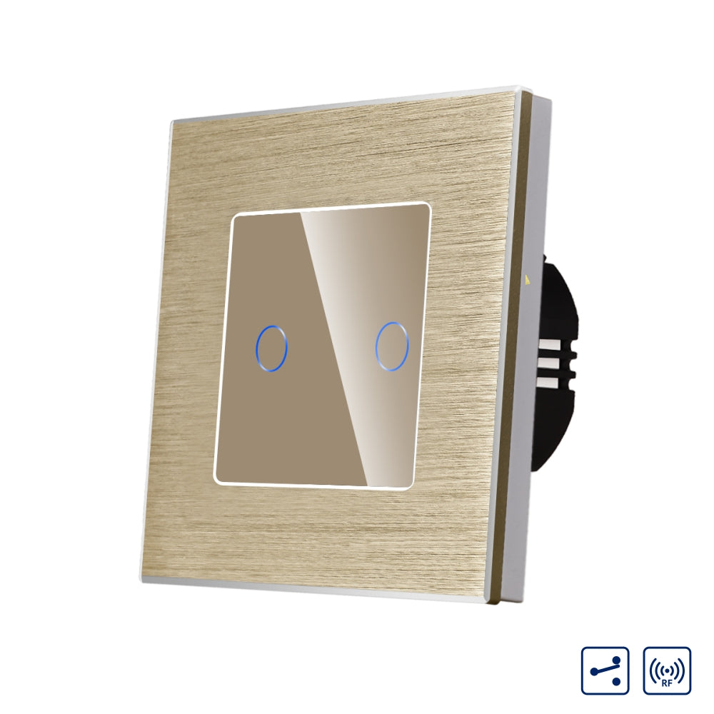 Intrerupator Auriu Dublu Cap Scara / Cruce cu Touch din Sticla si Rama de Aluminiu, RF433