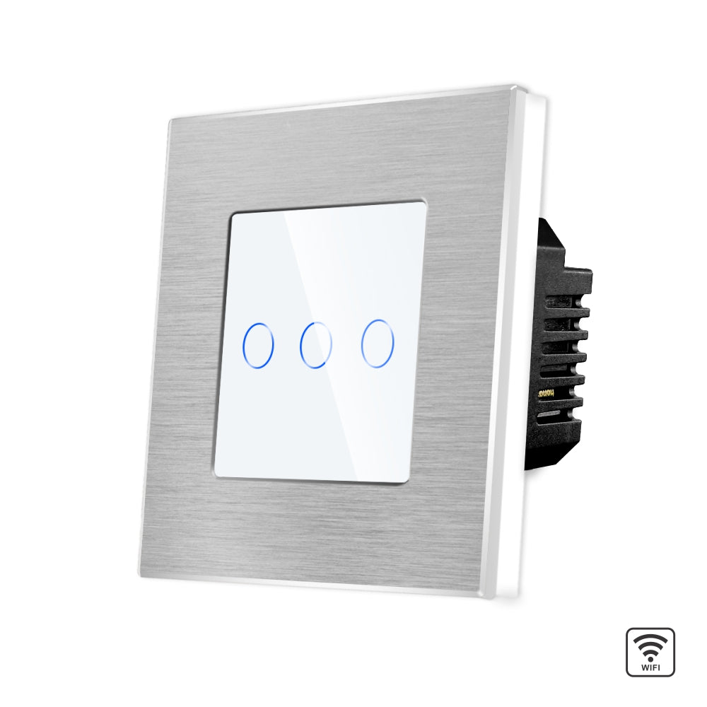 Intrerupator Alb Triplu Wi-Fi cu Touch din Sticla si Rama de Aluminiu