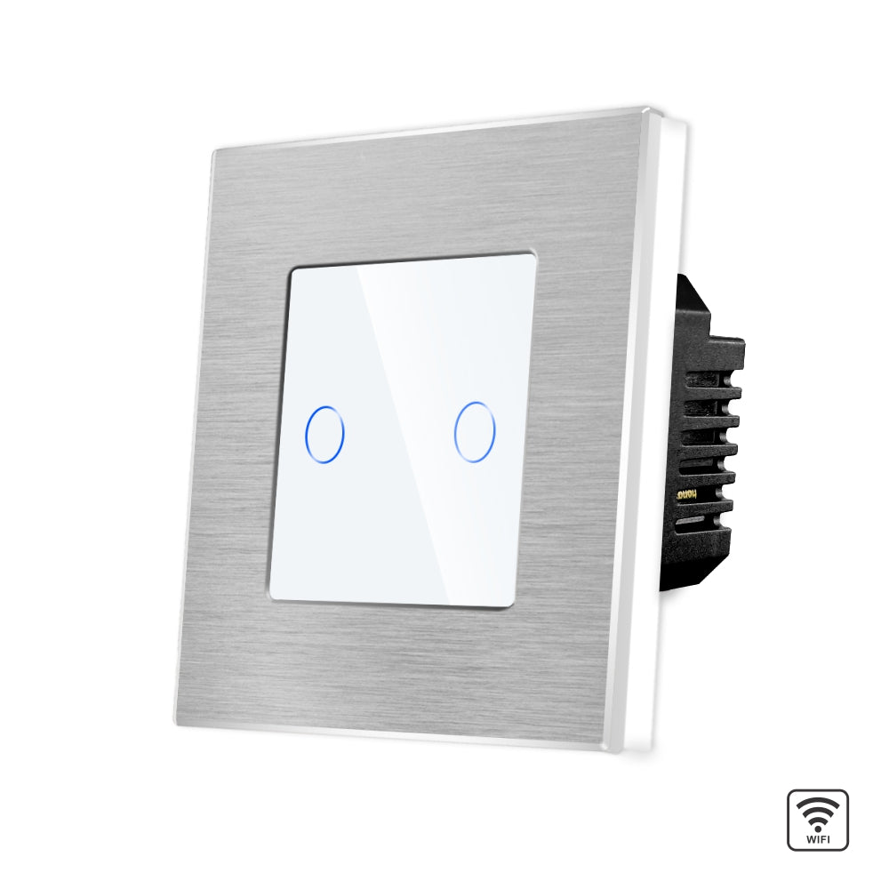 Intrerupator Alb Dublu Wi-Fi cu Touch din Sticla si Rama de Aluminiu