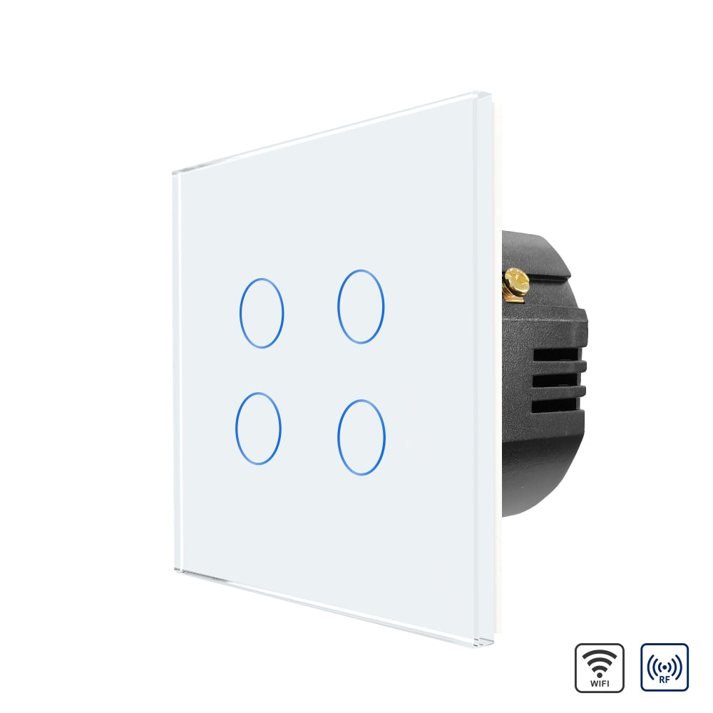 Intrerupator Alb Cvadruplu Wi-Fi + RF433 cu Touch din Sticla