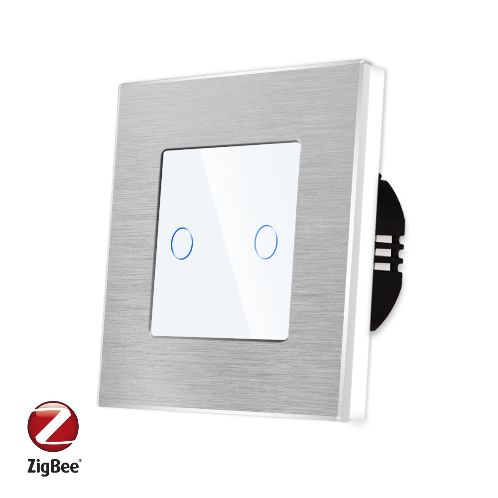 Intrerupator Alb Dublu cu Touch din Sticla si Rama de Aluminiu, protocol ZigBee