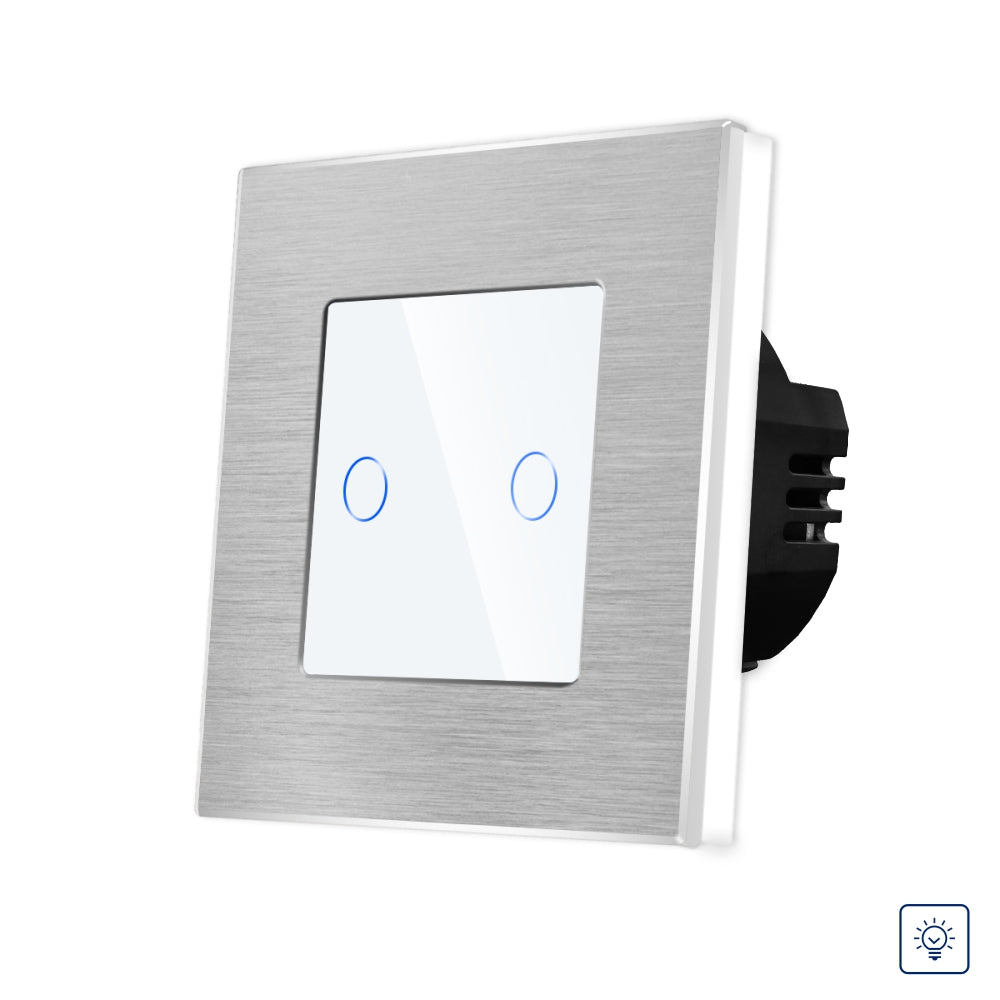 Intrerupator Alb Dublu cu Variator si Touch din Sticla si Rama de Aluminiu