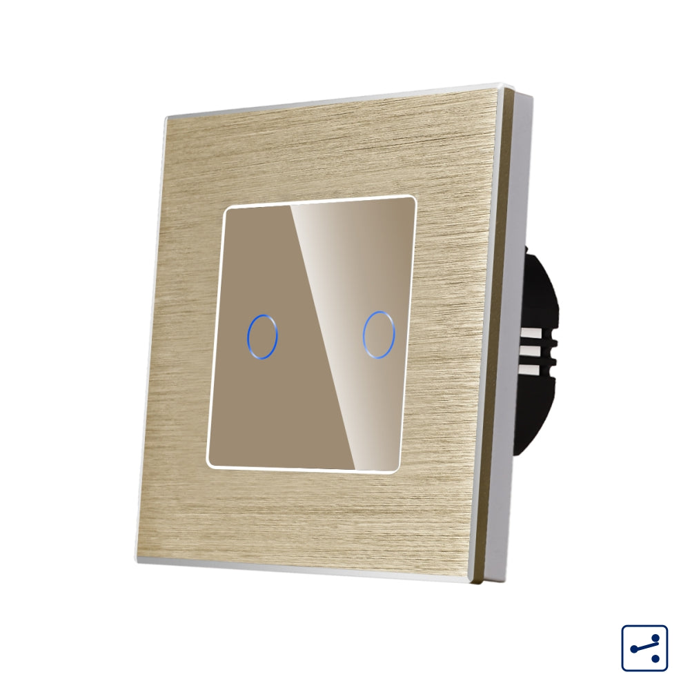 Intrerupator Auriu Dublu Cap Scara / Cruce cu Touch din Sticla si Rama de Aluminiu