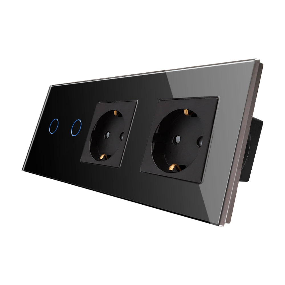 Intrerupator Negru Dublu + 2 Prize cu Rama din Sticla