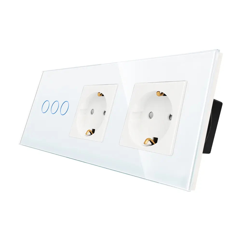 Intrerupator Alb Triplu + 2 Prize cu Rama din Sticla