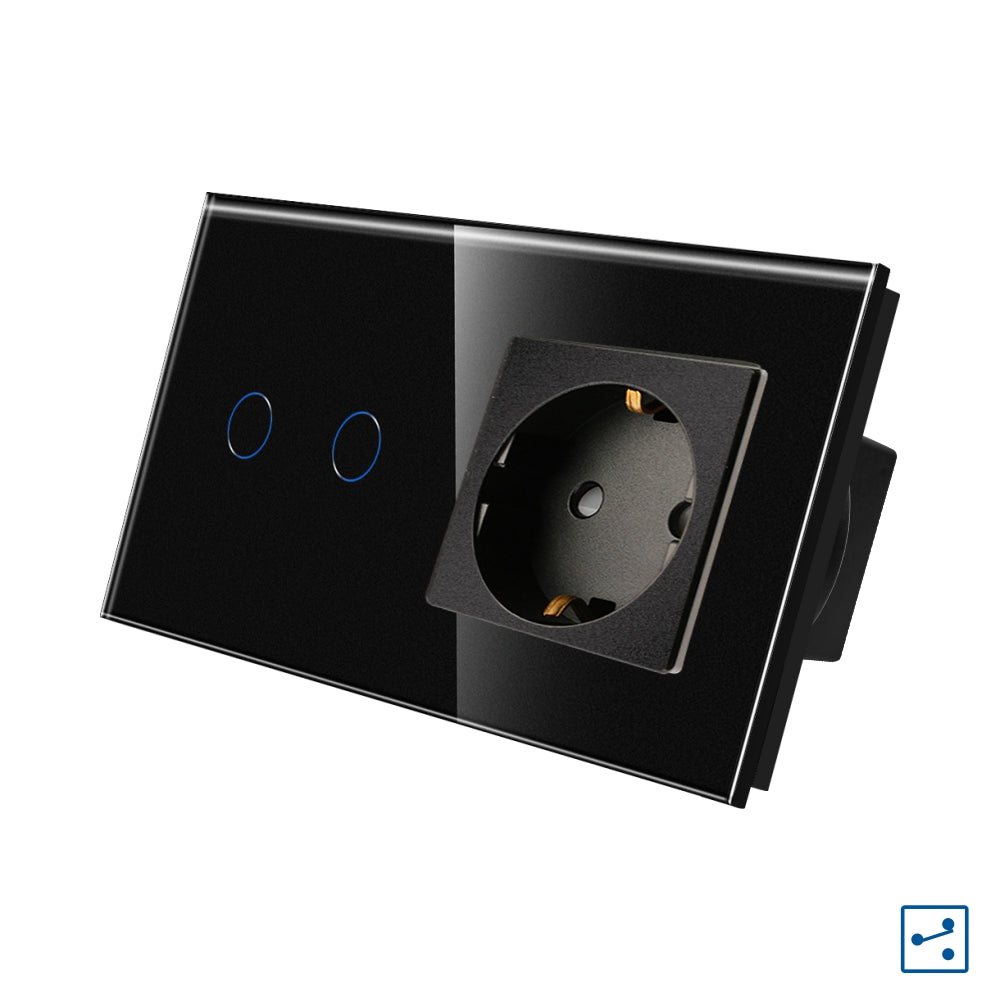 Intrerupator Negru Dublu Cap Scara / Cruce + Priza cu Rama din Sticla, Serie A