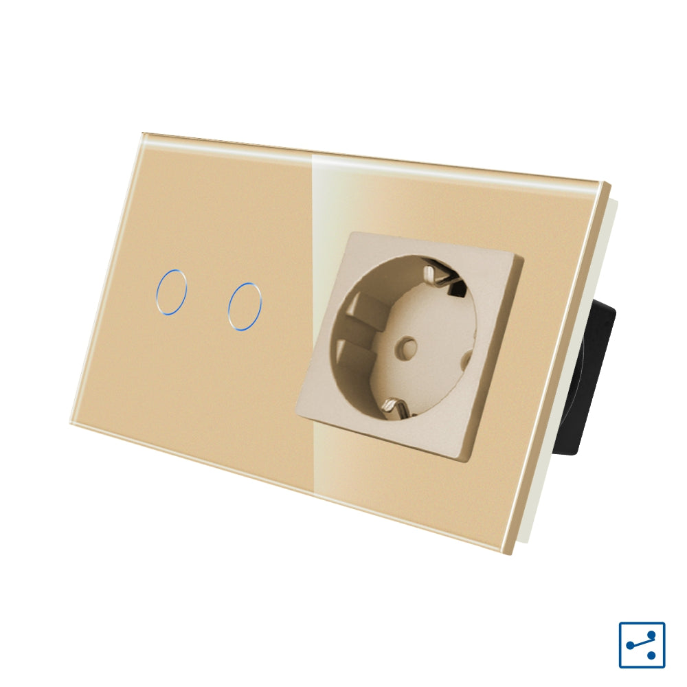 Intrerupator Auriu Dublu Cap Scara / Cruce + Priza cu Rama din Sticla