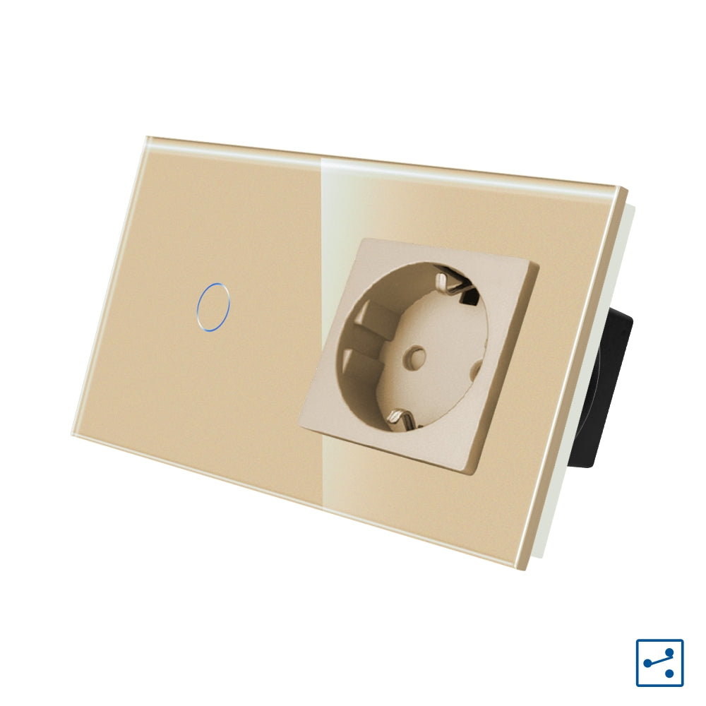 Intrerupator Auriu Simplu Cap Scara / Cruce + Priza cu Rama din Sticla
