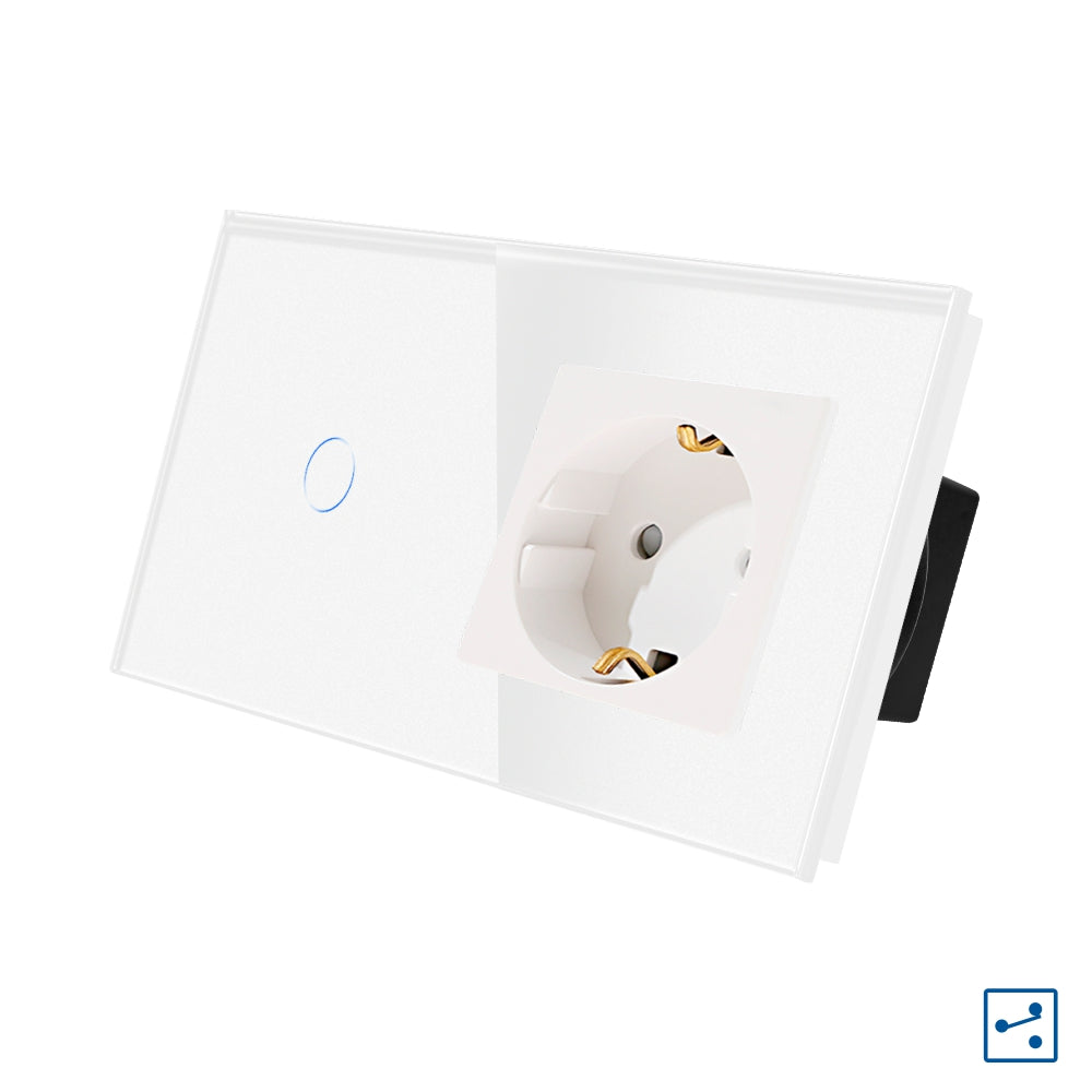 Intrerupator Alb Simplu Cap Scara / Cruce + Priza cu Rama din Sticla