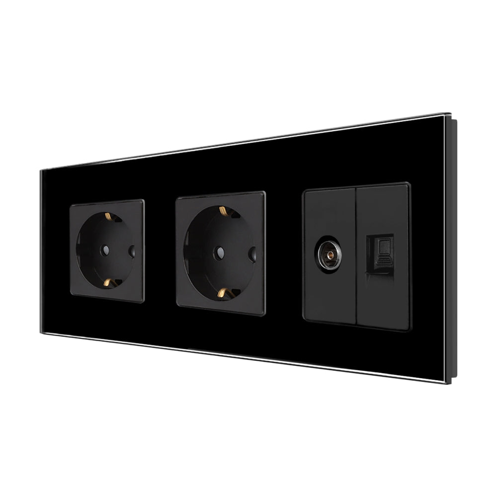 Priza Dubla Schuko + TV + Internet cu Rama Din Sticla Neagra