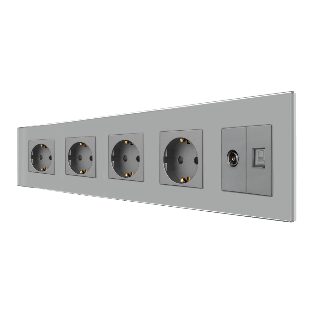 Priza Cvadrupla Schuko + TV + Internet cu Rama Din Sticla Gri