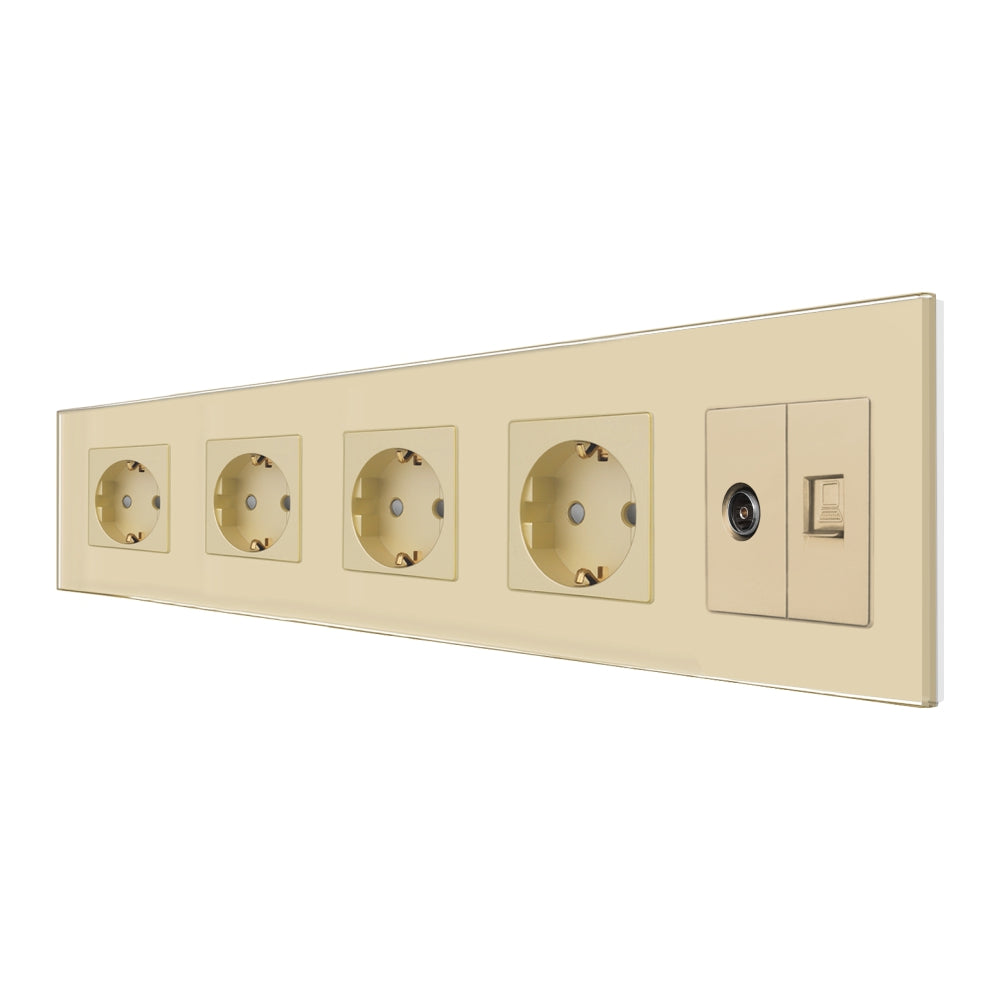 Priza Cvadrupla Schuko + TV + Internet cu Rama Din Sticla Aurie