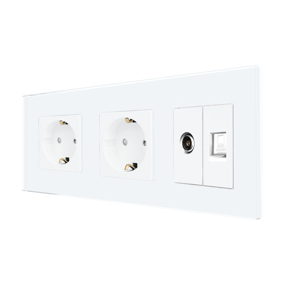 Priza Dubla Schuko + TV + Internet cu Rama Din Sticla Alba