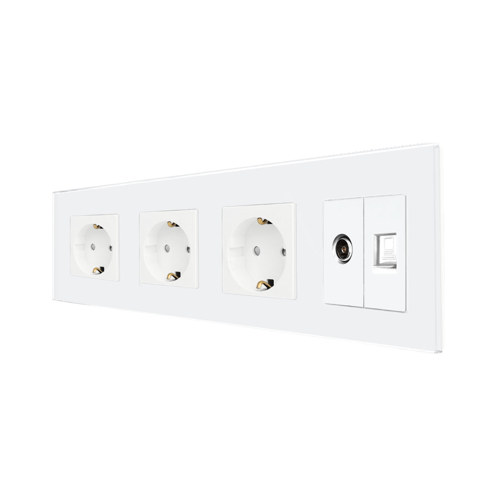 Priza Tripla Schuko + TV + Internet cu Rama Din Sticla Alba