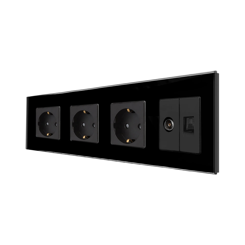 Priza Tripla Schuko + TV + Internet cu Rama Din Sticla Neagra