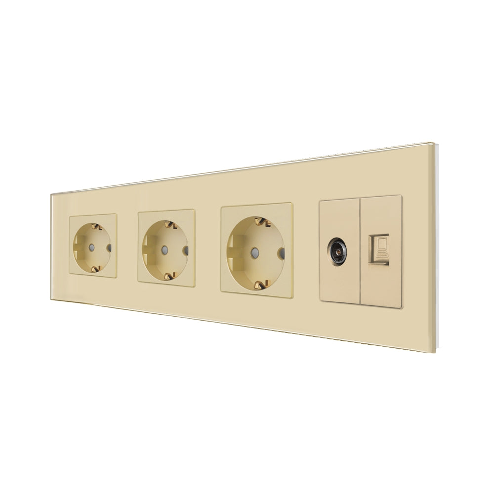 Priza Tripla Schuko + TV + Internet cu Rama Din Sticla Aurie
