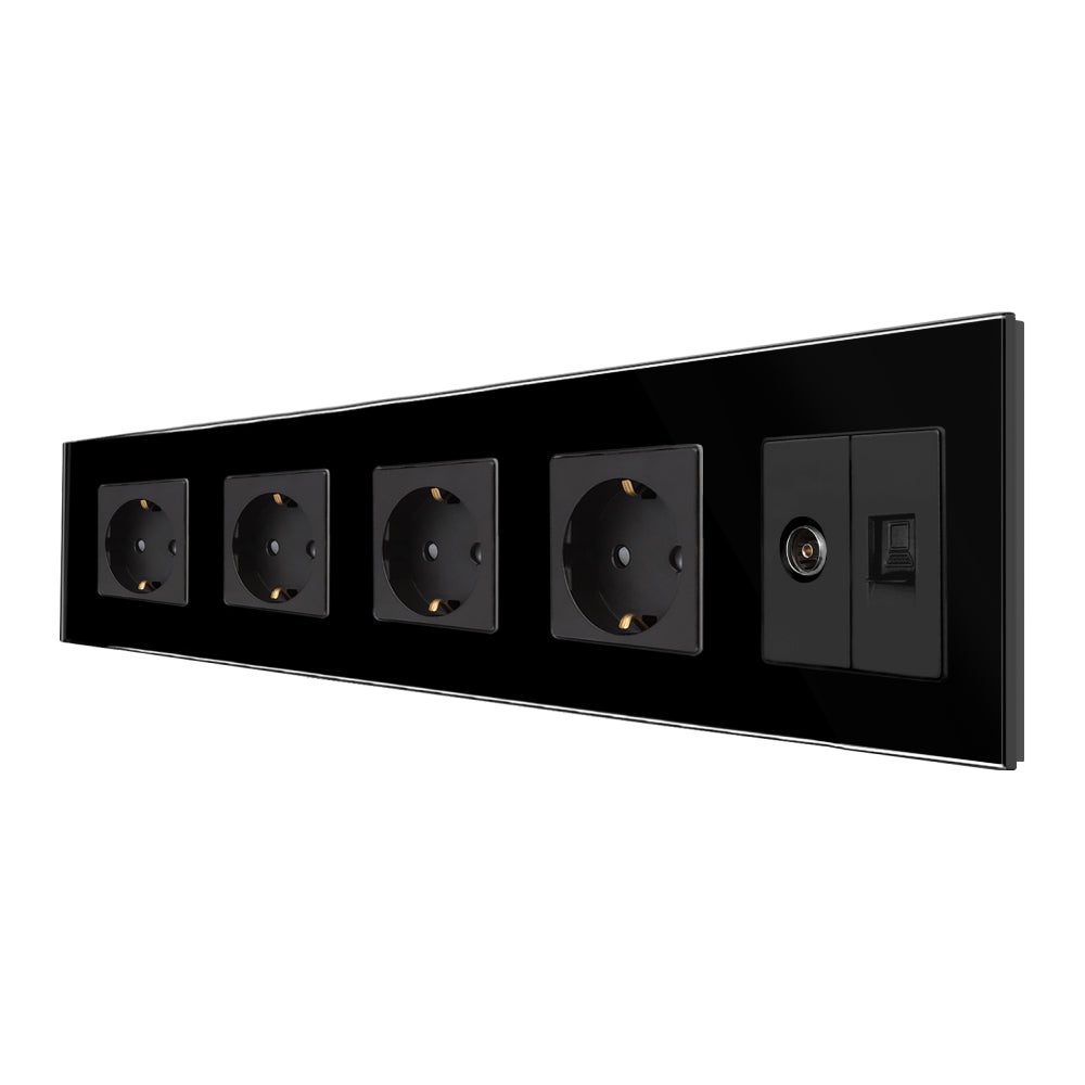Priza Cvadrupla Schuko + TV + Internet cu Rama Din Sticla Neagra