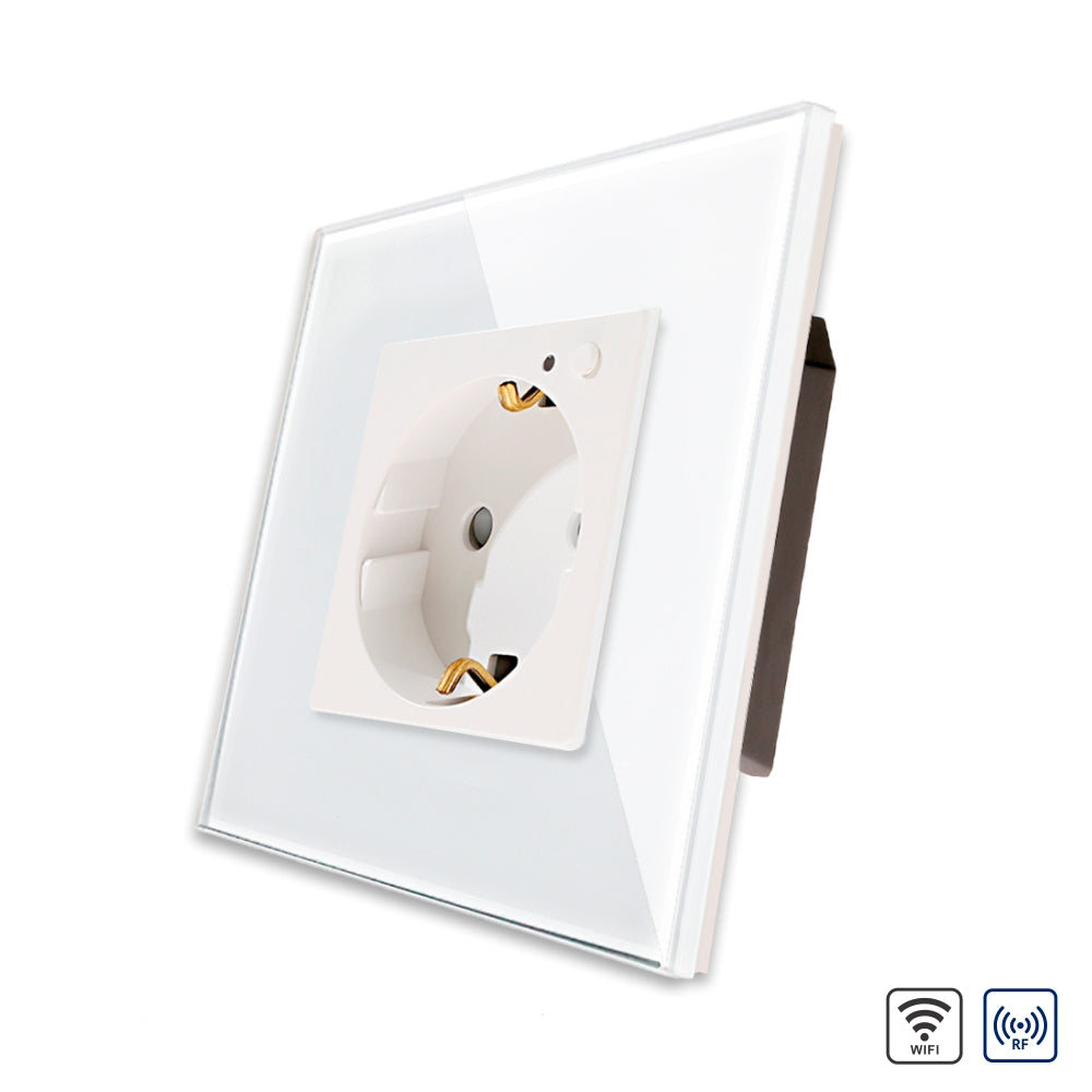 Priza Simpla Wi-Fi cu Rama din Sticla Alba, RF433