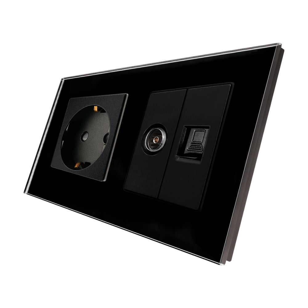 Priza Schuko + TV + Internet cu Rama Din Sticla Neagra