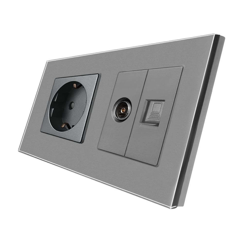 Priza Schuko + TV + Internet cu Rama Din Sticla Gri