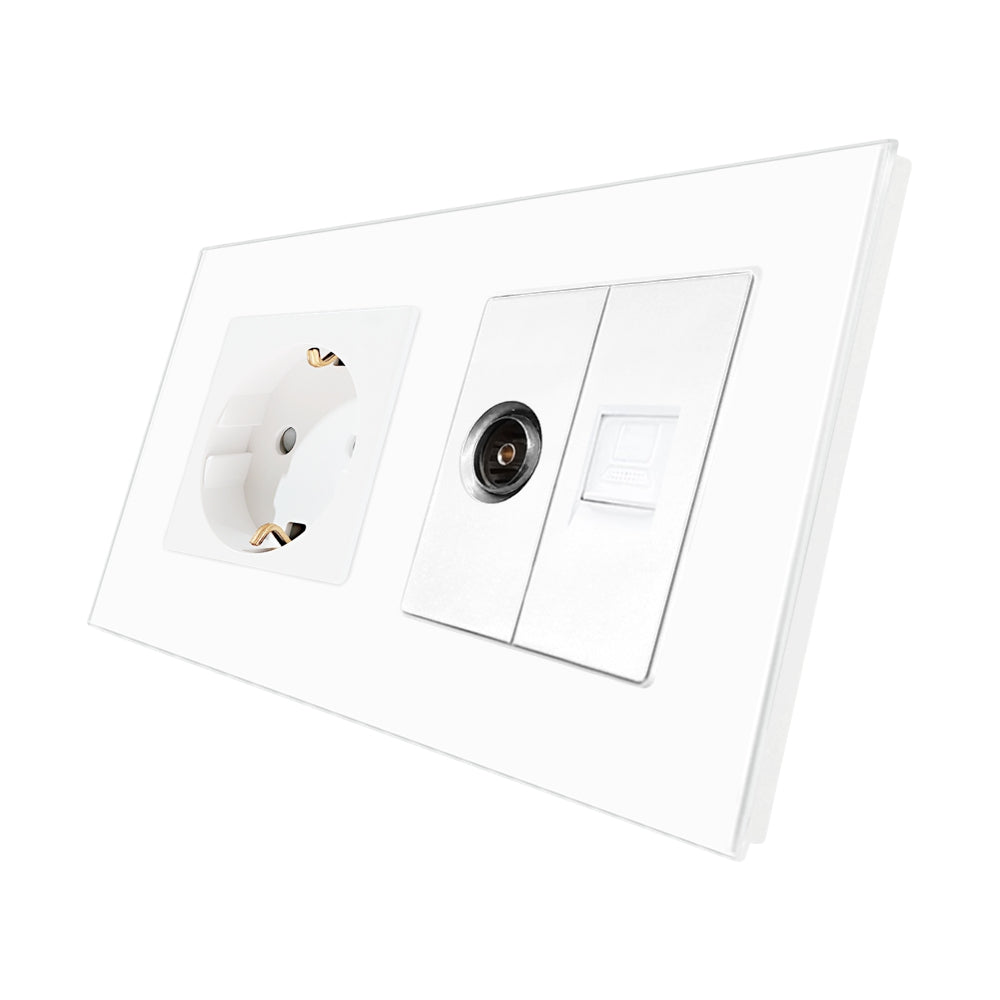 Priza Schuko + TV + Internet cu Rama Din Sticla Alba