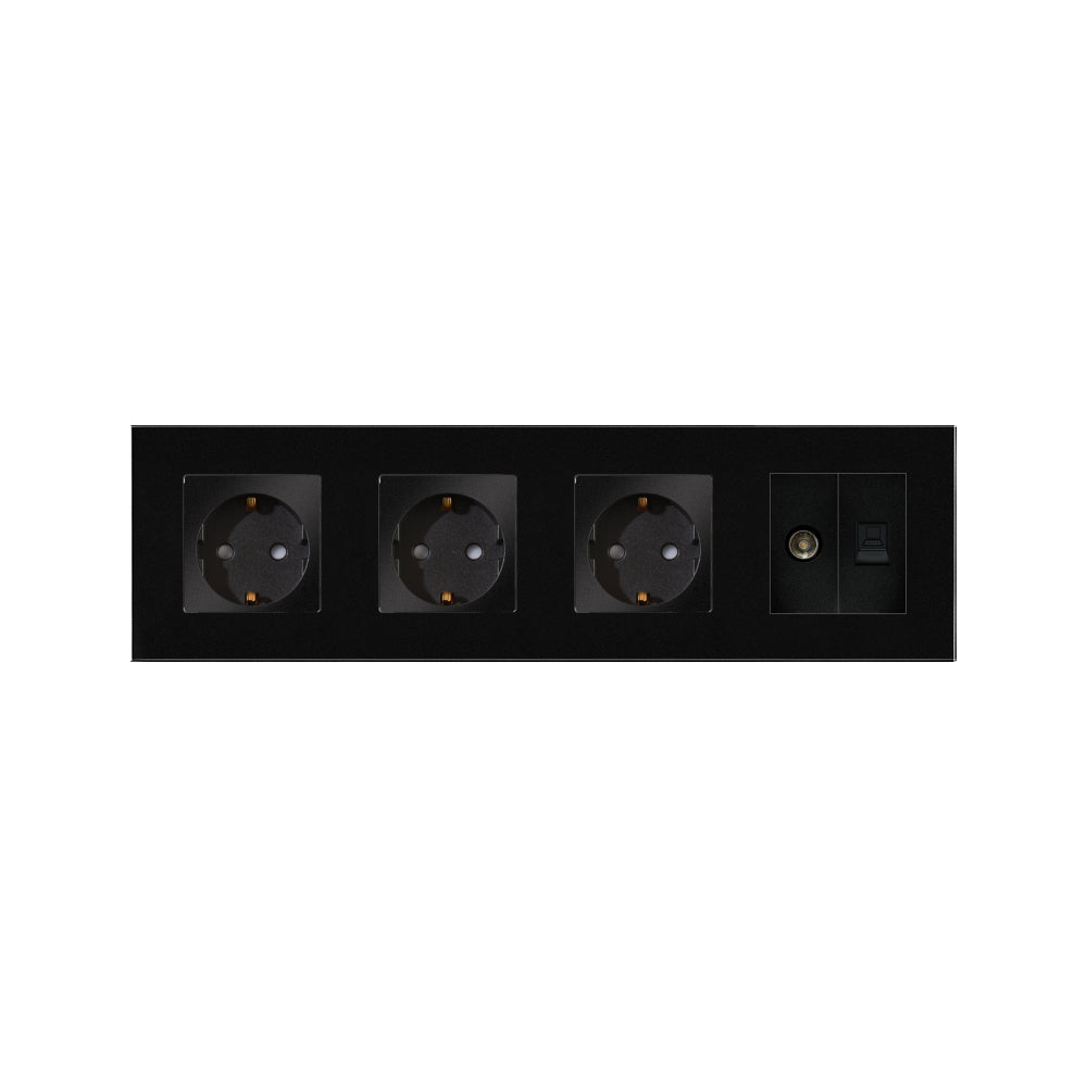 Priza Tripla Schuko + TV + Internet cu Rama Din Sticla Neagra