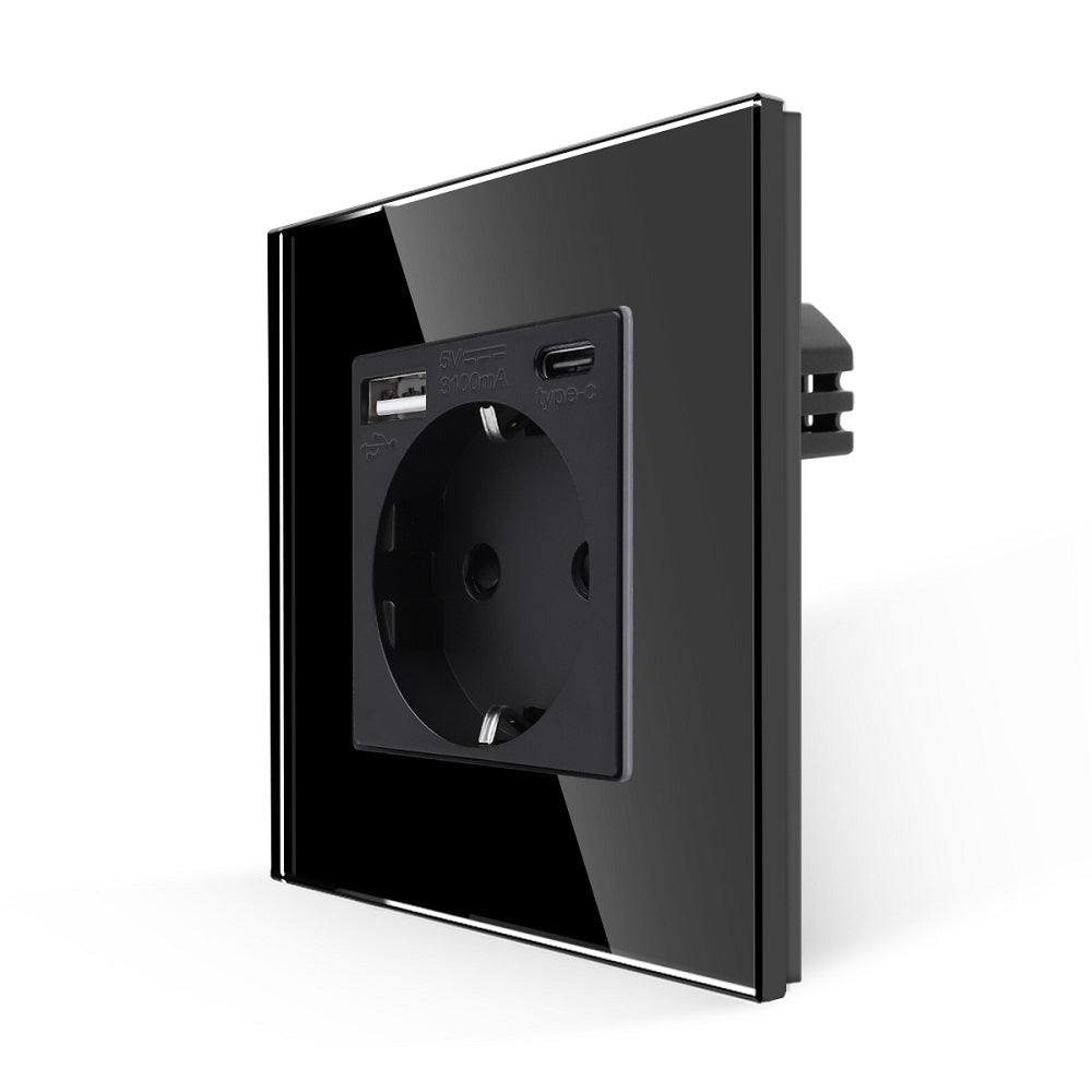 Priza Simpla + USB-A + USB-C cu Rama din Sticla Neagra