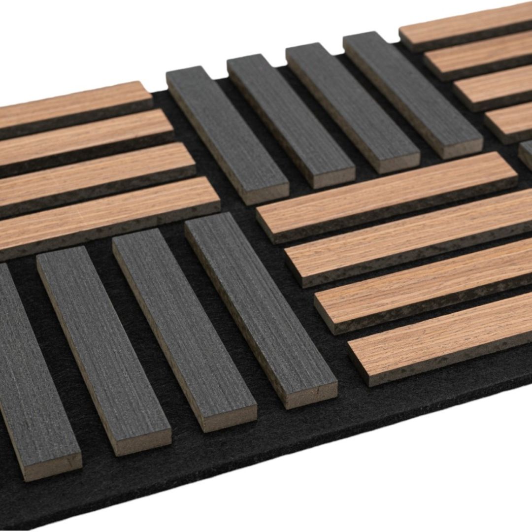 Panou 3D Stejar Inchis/Negru Fonoabsorbant din MDF si Pasla D6772 – 60x40x2.1 cm