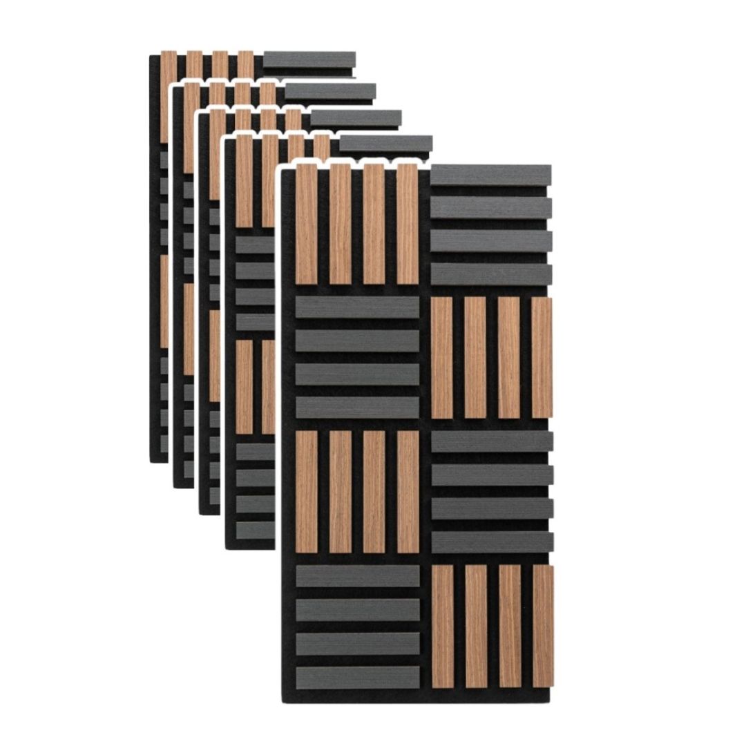 Panou 3D Stejar Inchis/Negru Fonoabsorbant din MDF si Pasla D6772 – 60x40x2.1 cm